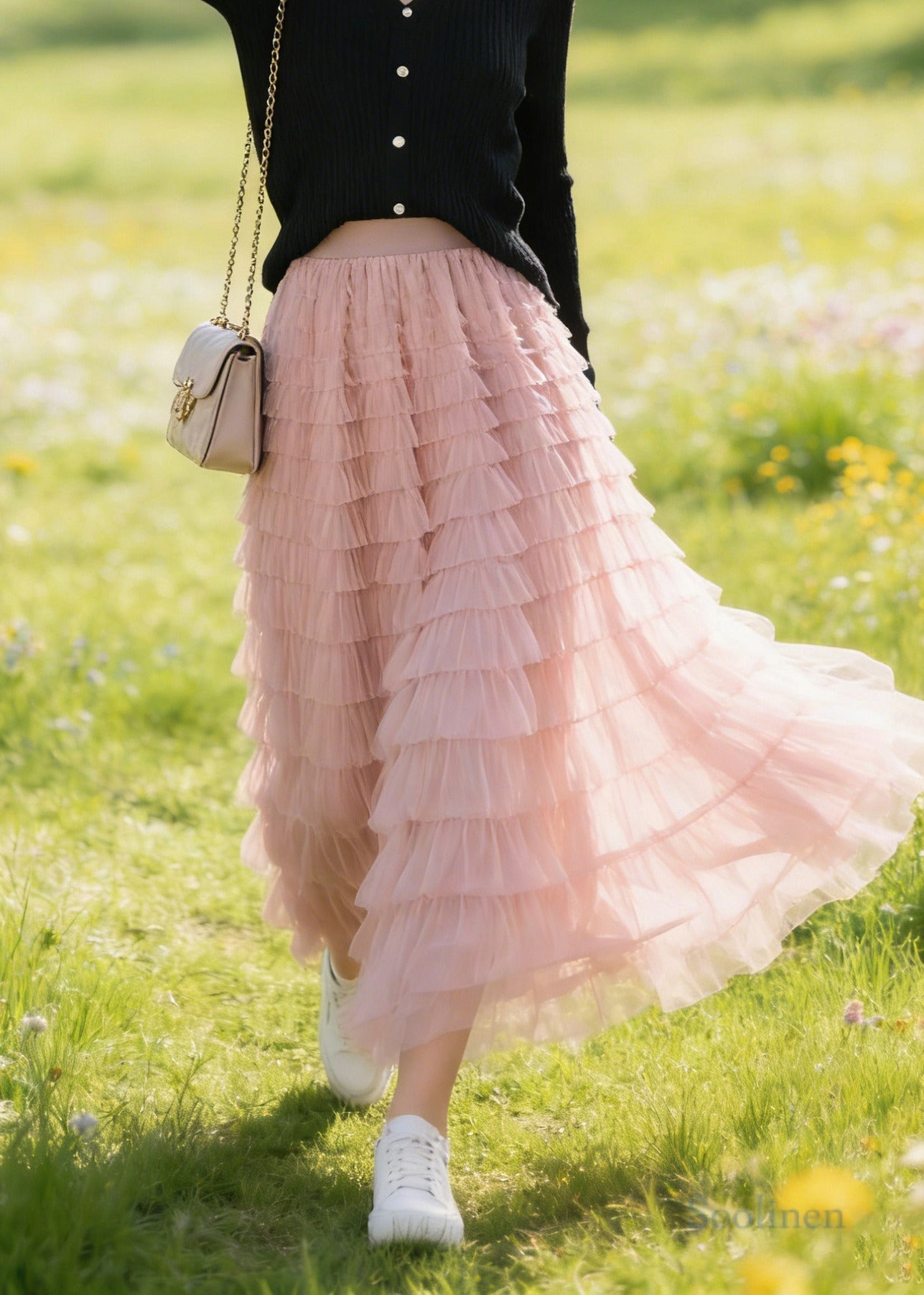 Pink Elastic Waist Multi-layer Tulle a Line Skirt Spring