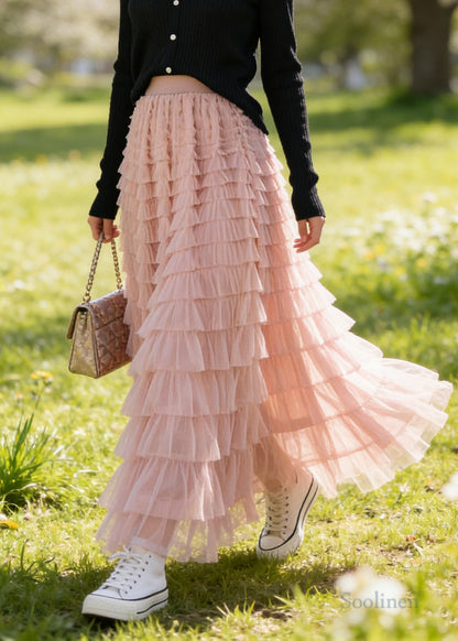 Pink Elastic Waist Multi-layer Tulle a Line Skirt Spring