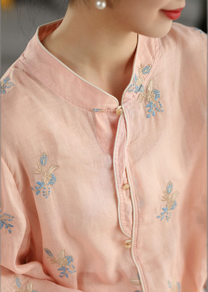 Bohemian Pink Embroidered Oversized Linen Shirt Spring