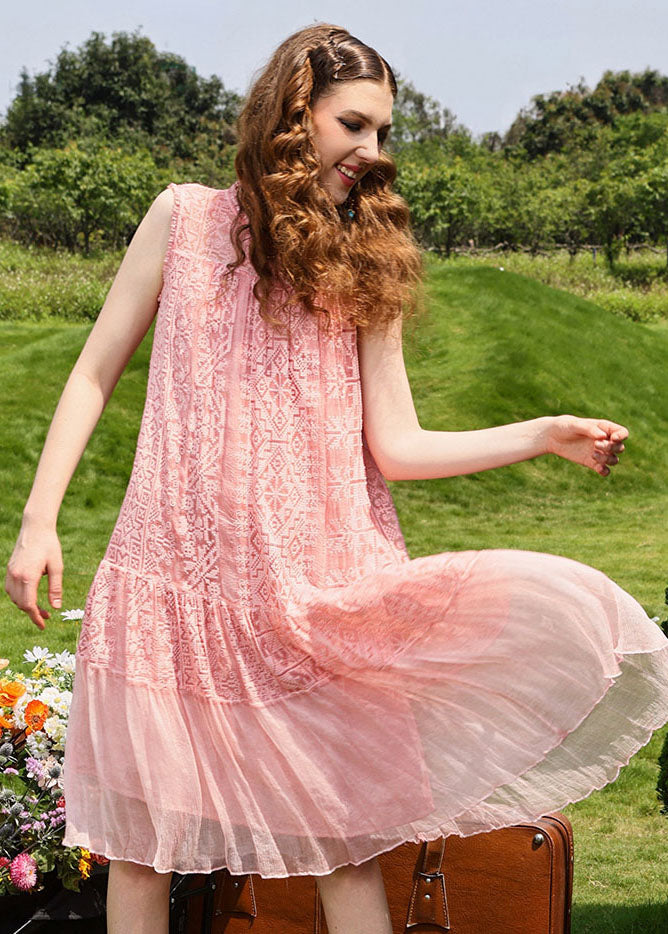 Pink Embroidered Patchwork Long Dress Sleeveless