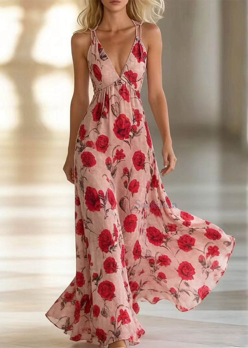 Pink Print Exra Large Hem Chiffon Vacation Dresses Summer