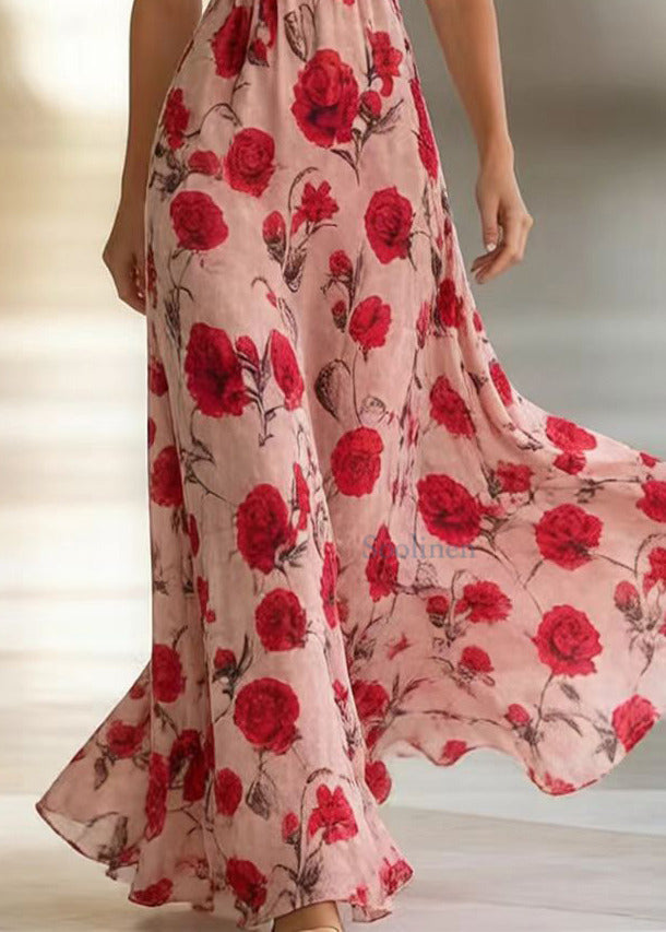 Pink Print Exra Large Hem Chiffon Vacation Dresses Summer