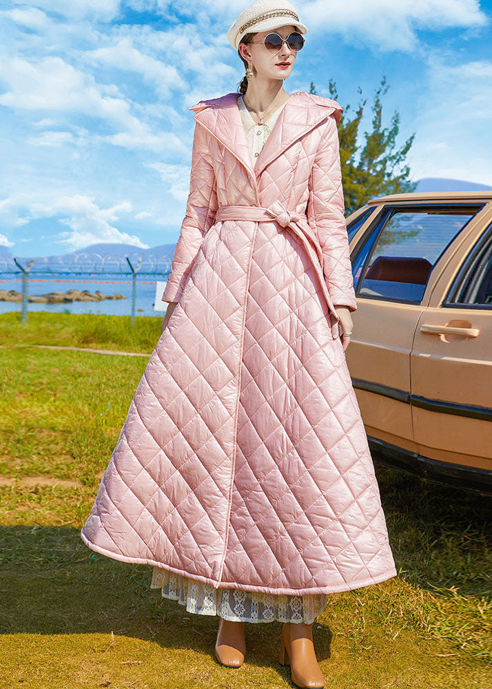 Pink Hooded Lengthen Fine Cotton Filled Cinch Coats Winter