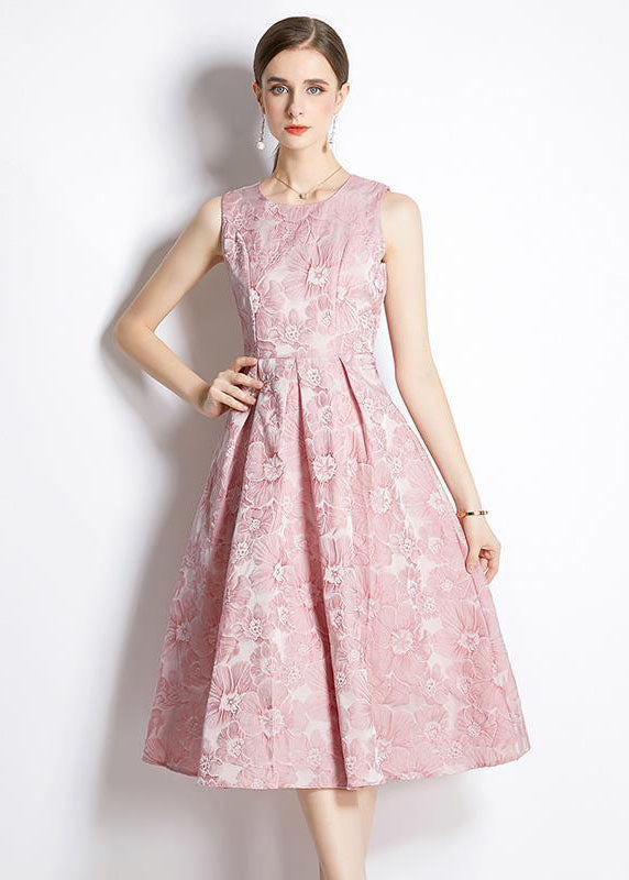Pink Jacquard Exra Large Hem Silk Holiday Dress Sleeveless