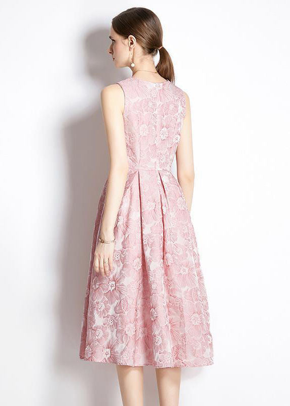 Pink Jacquard Exra Large Hem Silk Holiday Dress Sleeveless