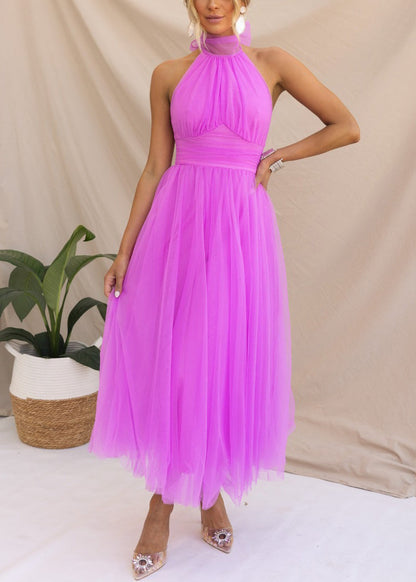 Pink Lace Up Zippered Tulle Dresses Sleeveless