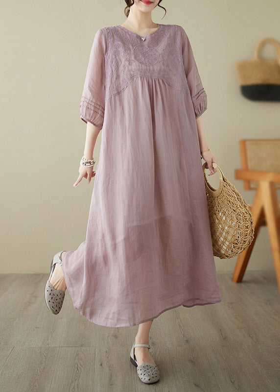 Pink O-neck Embroideried Patchwork Wrinkled Linen Long Dress Half Sleeve