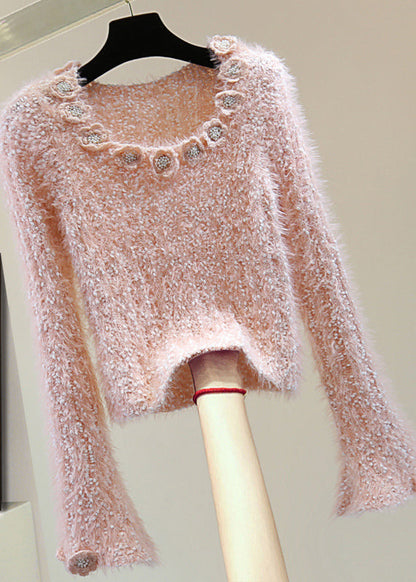 Pink O-neck Ma Hai Mao Cotton Knit Sweaters Winter