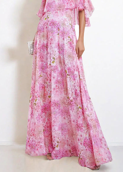 Pink O Neck Print Chiffon Maxi Dresses Butterfly Sleeve