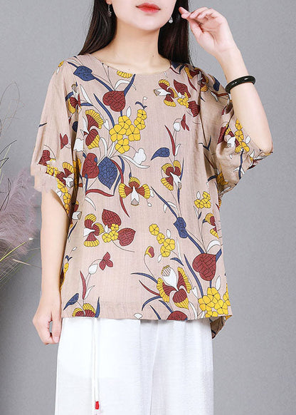 Pink O-neck Print Cotton Tank Top Half Sleeve