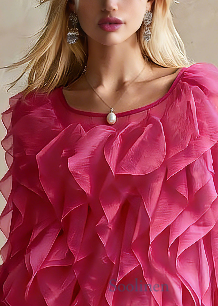 Bohemian Pink O-Neck Ruffled Chiffon Top Spring