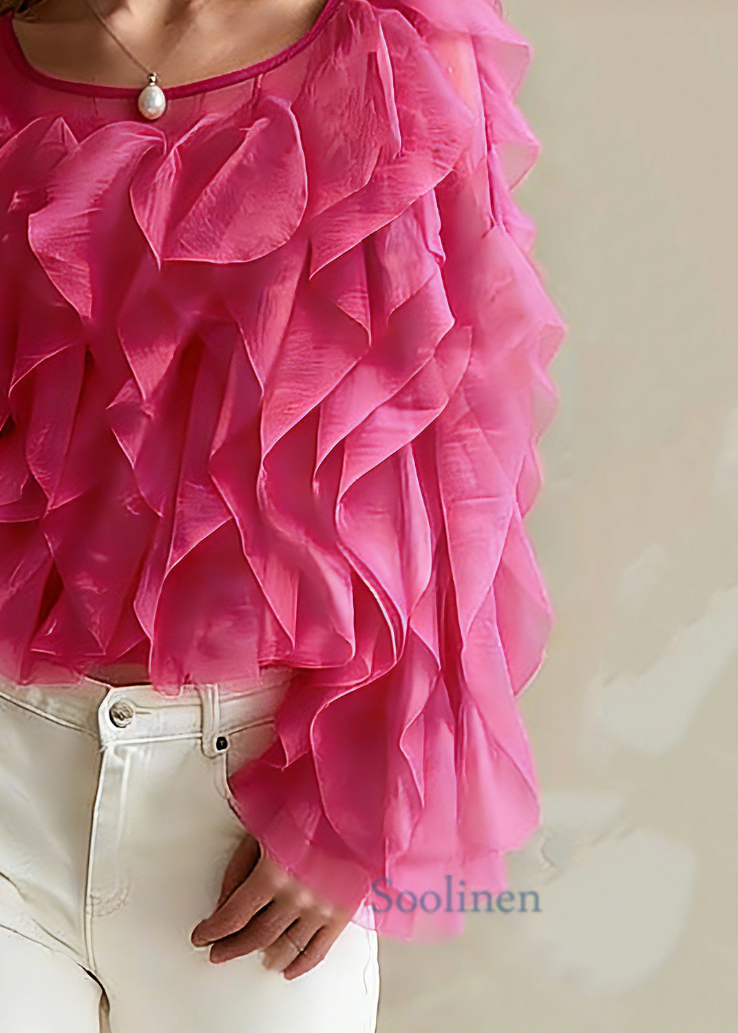 Bohemian Pink O-Neck Ruffled Chiffon Top Spring