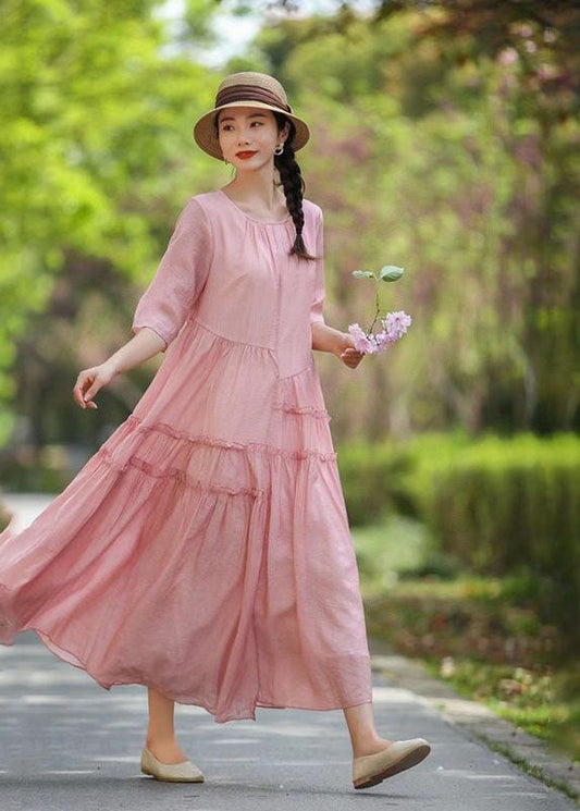 Pink O-neck Ruffled Patchwork Long Silk Dress Summer