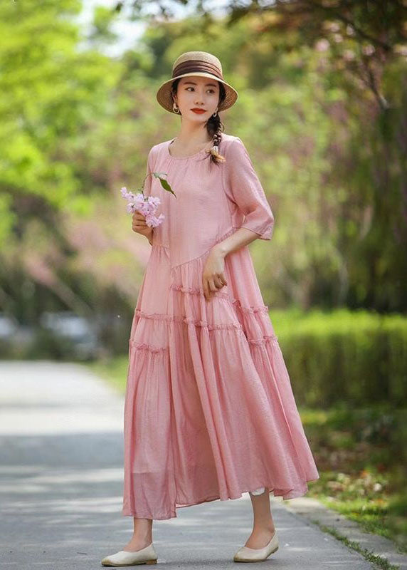 Pink O-neck Ruffled Patchwork Long Silk Dress Summer
