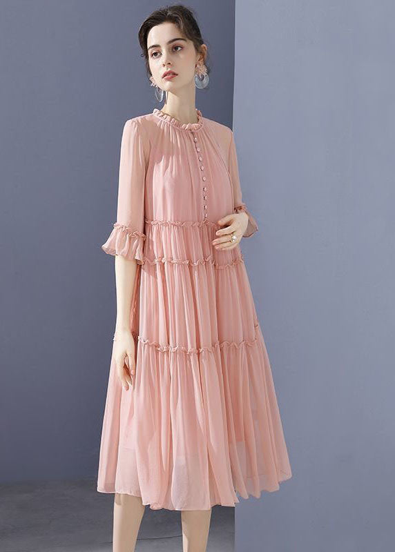 Pink O-neck Ruffled Patchwork Silk Mid Dresses Summer