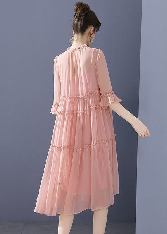 Pink O-neck Ruffled Patchwork Silk Mid Dresses Summer