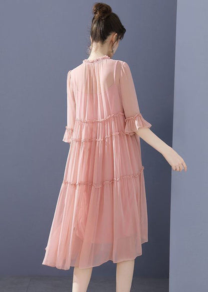 Pink O-neck Ruffled Patchwork Silk Mid Dresses Summer
