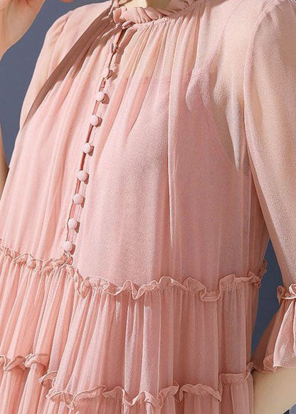 Pink O-neck Ruffled Patchwork Silk Mid Dresses Summer