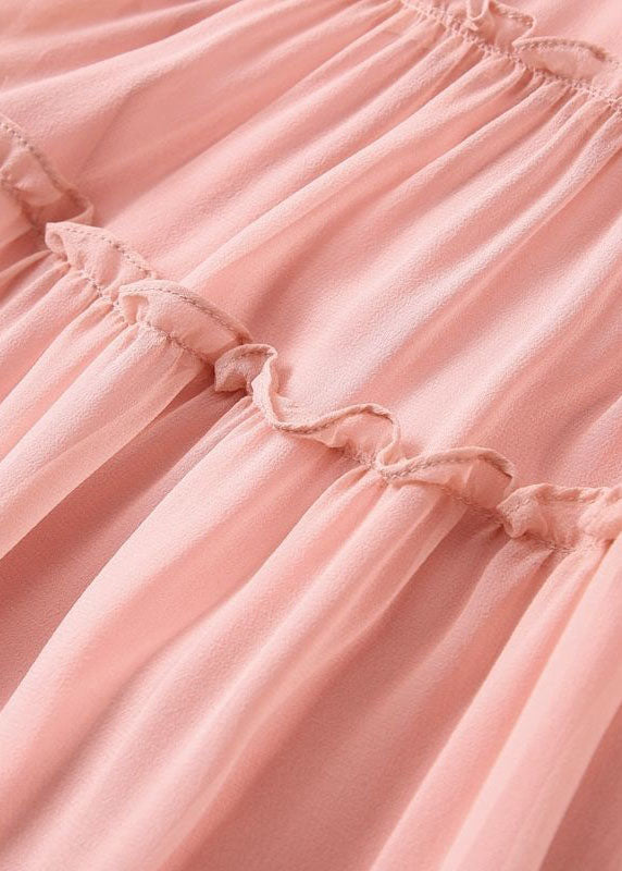 Pink O-neck Ruffled Patchwork Silk Mid Dresses Summer