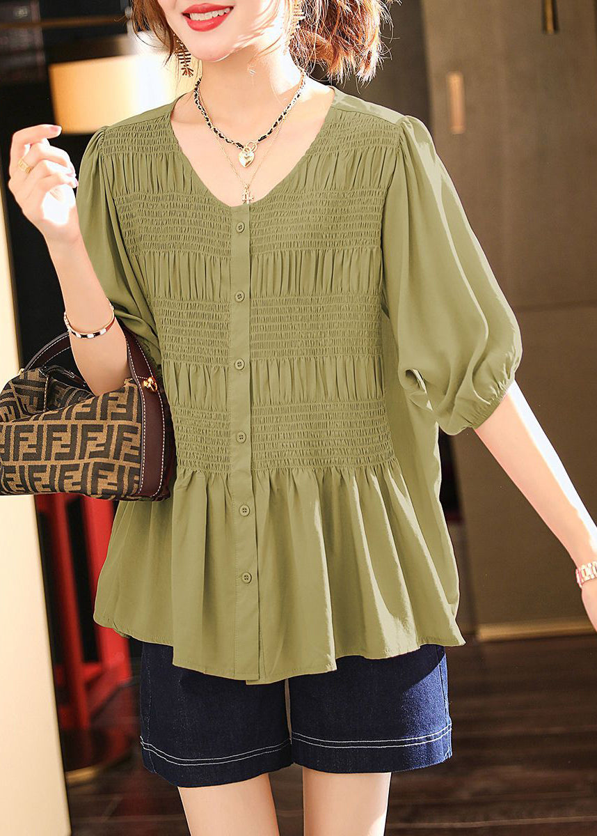 Pink O-neck Wrinkled Cotton Shirt Summer