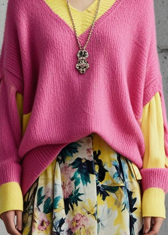 Pink Oversized Patchwork Knit Sweater Tops Fall