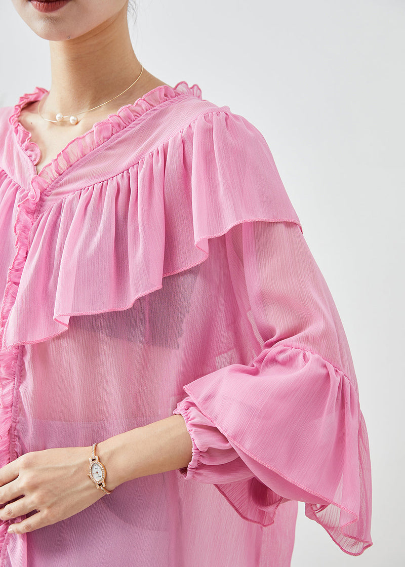 Pink Oversized Patchwork Ruffles Chiffon Top Fall