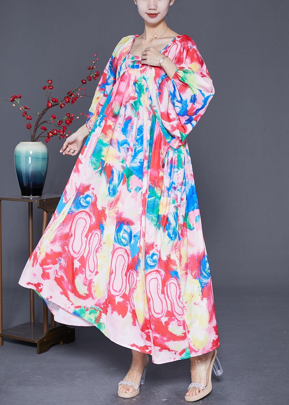 Pink Oversized Print Chiffon Beach Dresses Lantern Sleeve