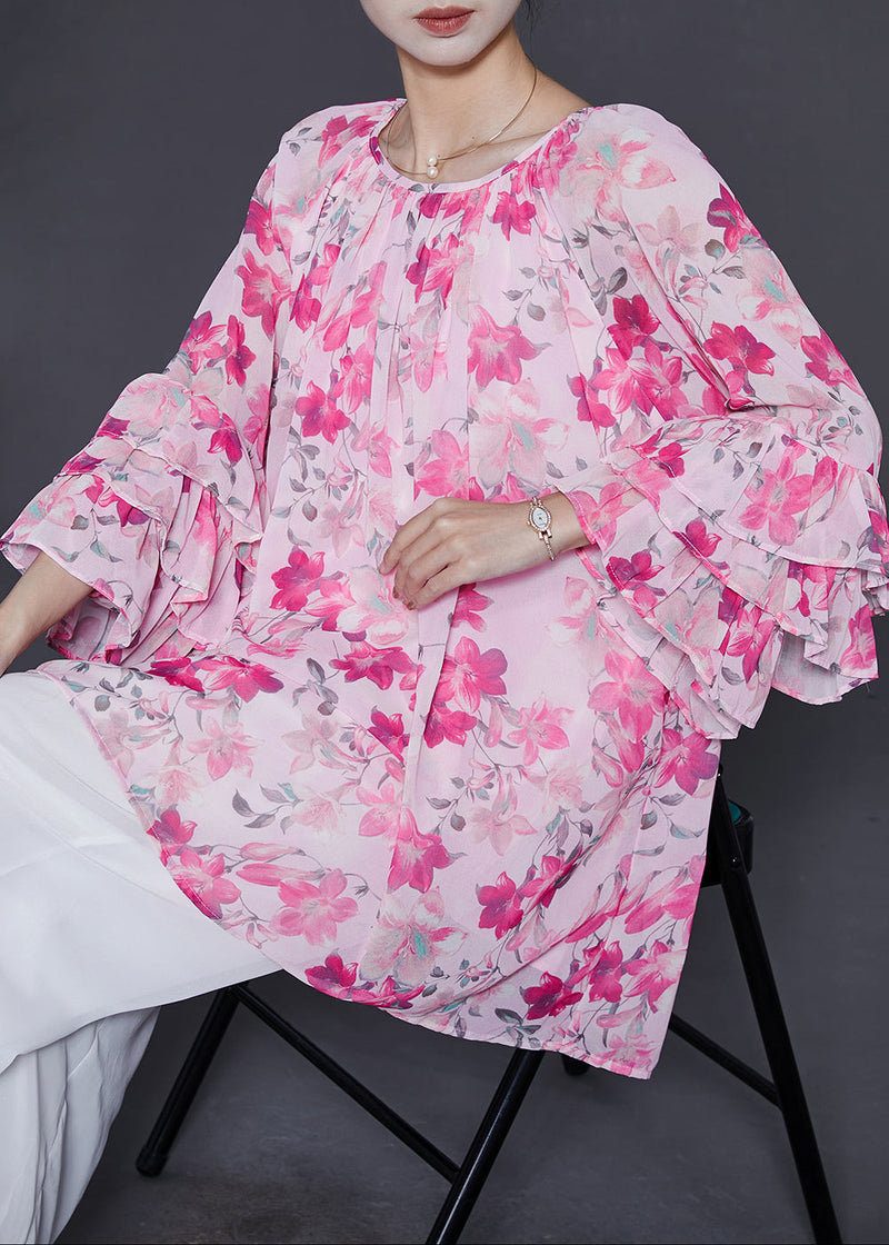 Pink Oversized Print Chiffon Shirt Top Flare Sleeve