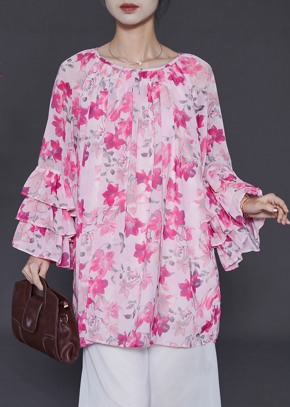 Bohemian Pink Oversized Print Chiffon Shirt Top Flare Sleeve
