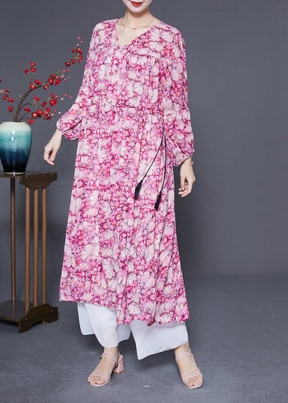 Pink Oversized Print Drawstring Silk Vacation Dresses Spring