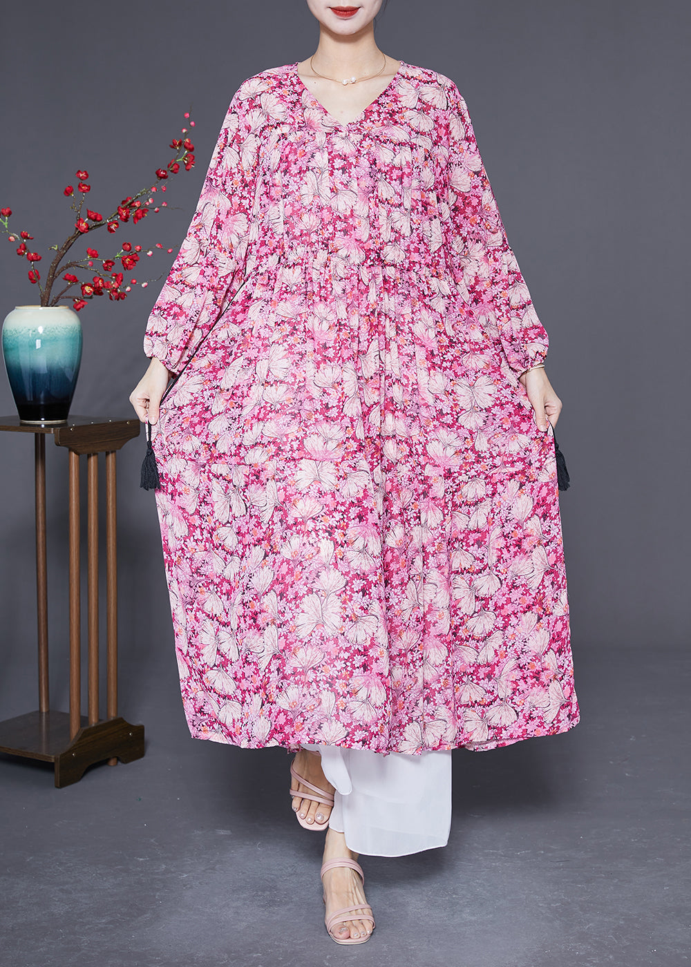 Pink Oversized Print Drawstring Silk Vacation Dresses Spring