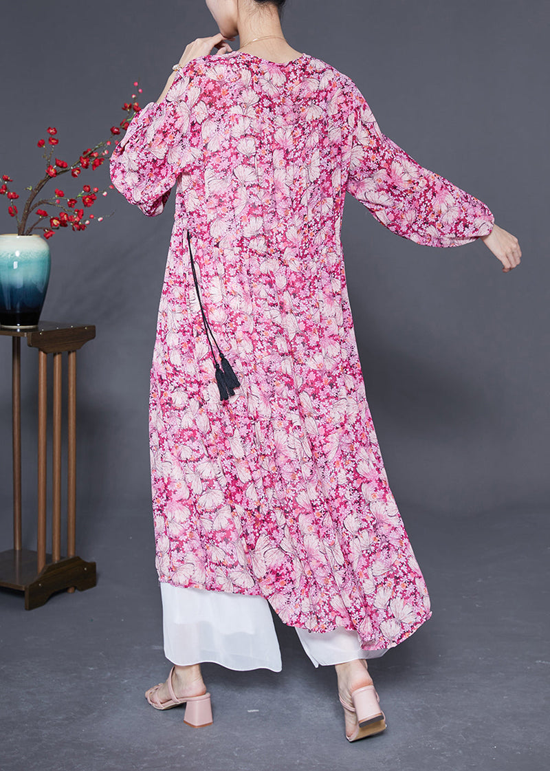 Pink Oversized Print Drawstring Silk Vacation Dresses Spring