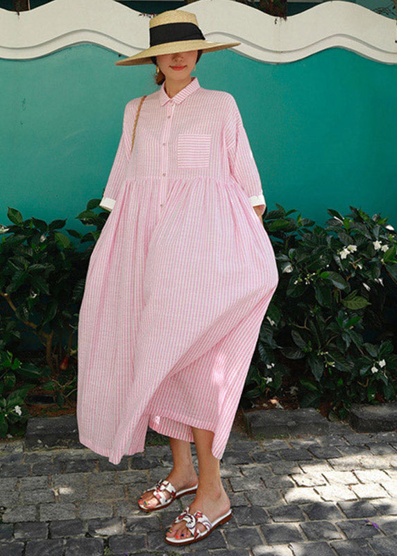 Green Peter Pan Collar Striped Button Pockets Wrinkled Long Dresses Half Sleeve