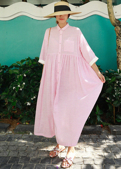 Yellow Peter Pan Collar Striped Button Pockets Wrinkled Long Dresses Half Sleeve
