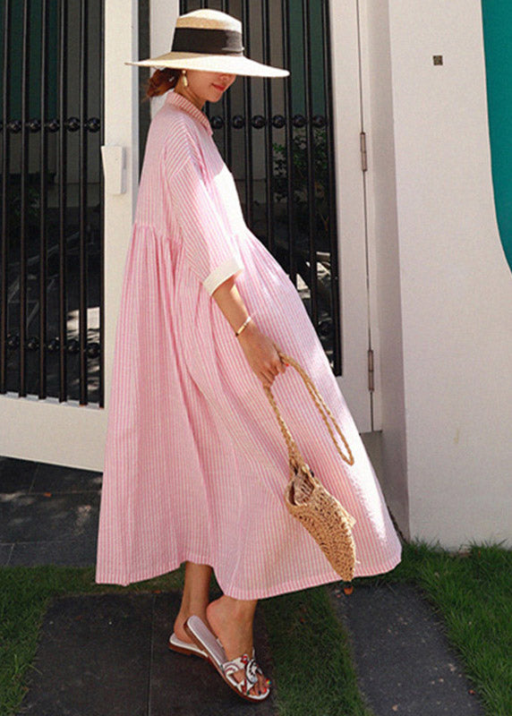 Green Peter Pan Collar Striped Button Pockets Wrinkled Long Dresses Half Sleeve