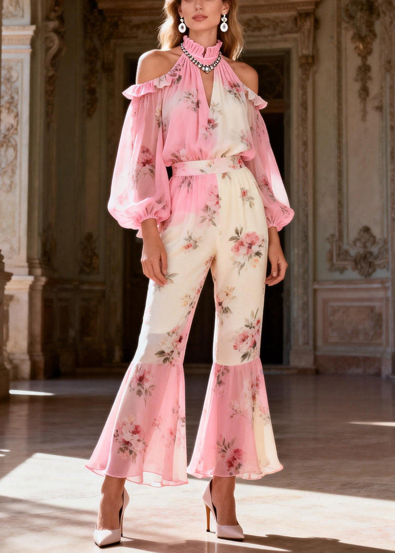 Pink Print Cold Shoulder Chiffon Shirts and Flared Trousers Two-piece Set Spring