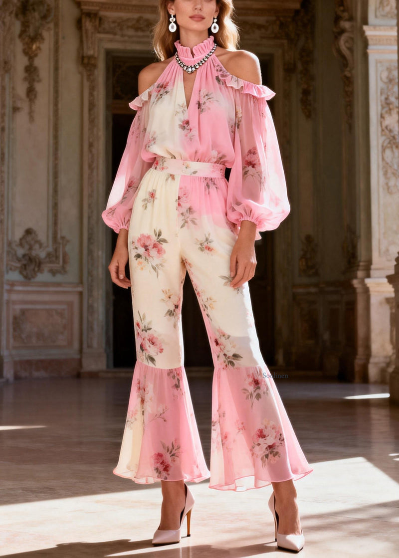 Pink Print Cold Shoulder Chiffon Shirts and Flared Trousers Two-piece Set Spring
