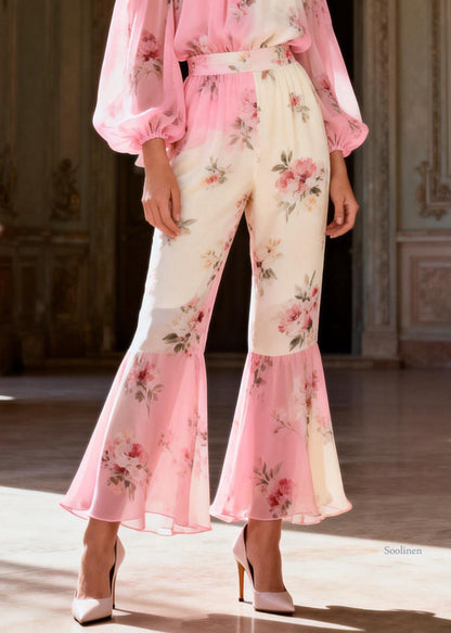 Pink Print Cold Shoulder Chiffon Shirts and Flared Trousers Two-piece Set Spring