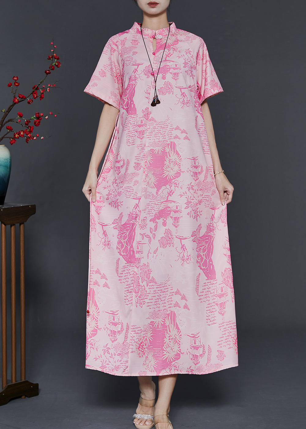 Pink Print Cotton Chinese Style Dress Summer