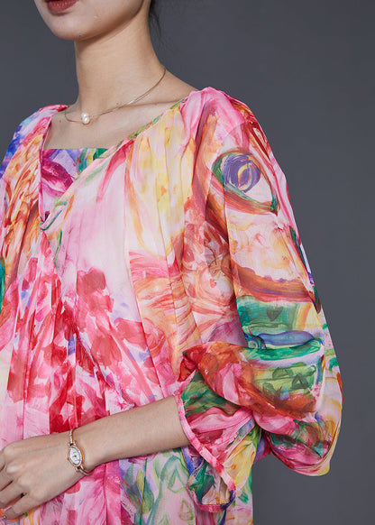 Pink Print Exra Large Hem Chiffon Dresses Lantern Sleeve