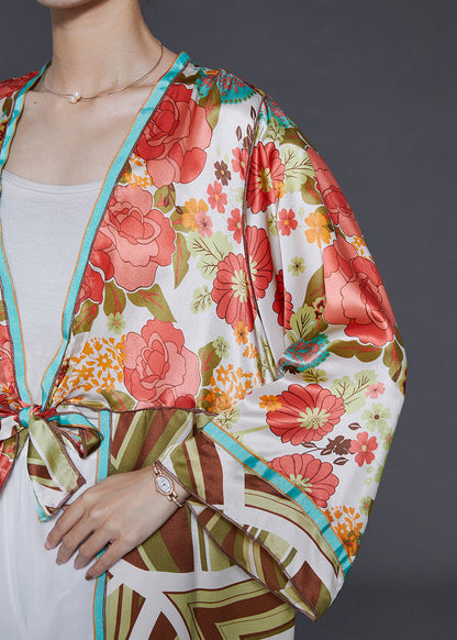 Pink Print Lace Up Silk Cardigan Summer