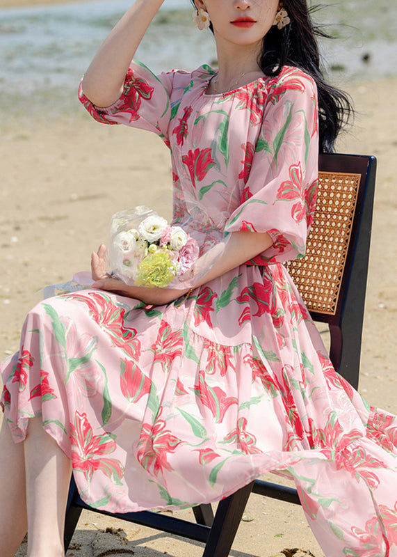 Pink Print Patchwork Chiffon Long Holiday Dress Summer