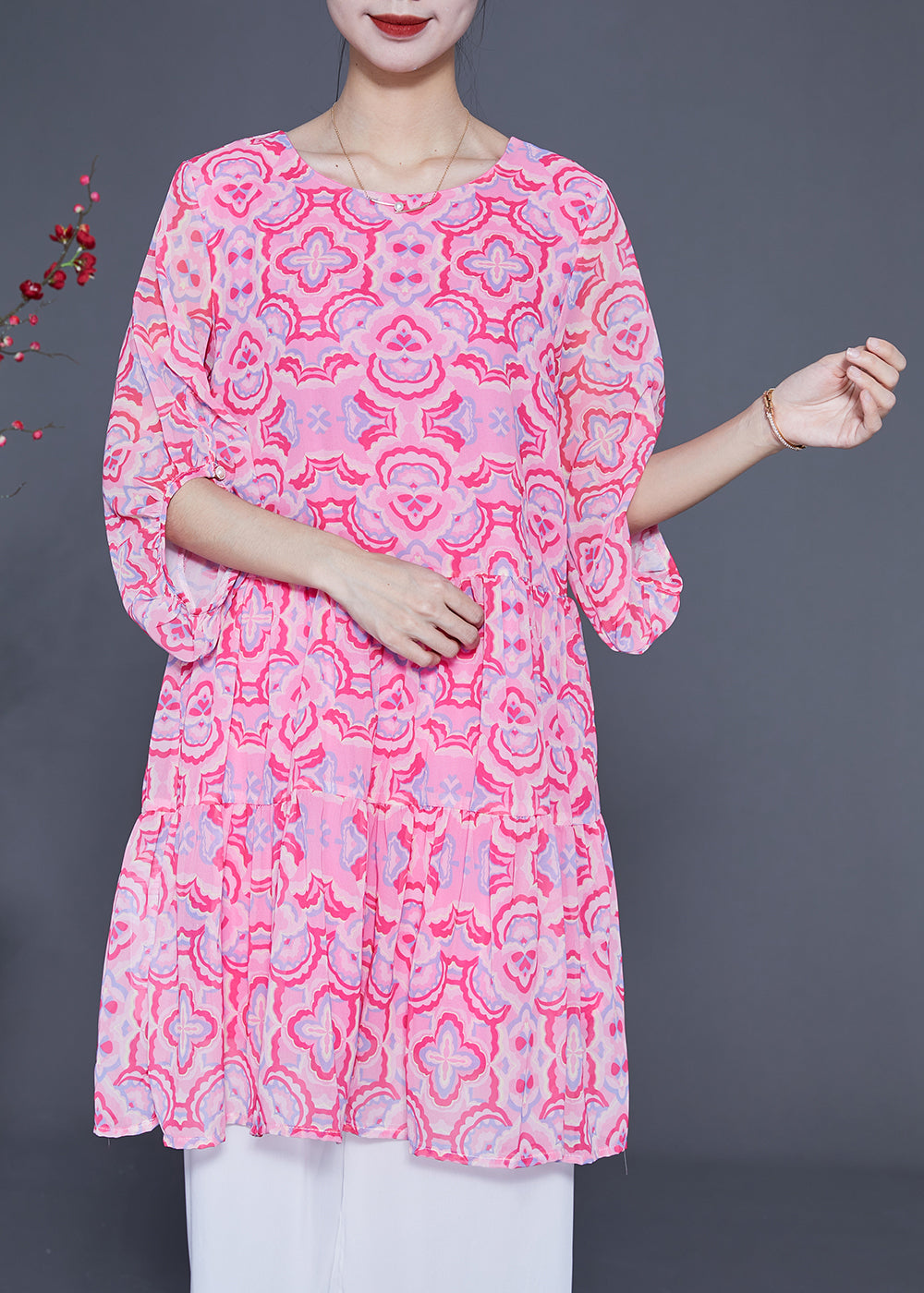 Pink Print Patchwork Wrinkled Silk a Line Dress Lantern Sleeve