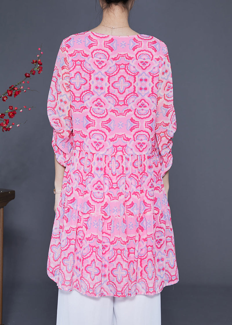 Pink Print Patchwork Wrinkled Silk a Line Dress Lantern Sleeve