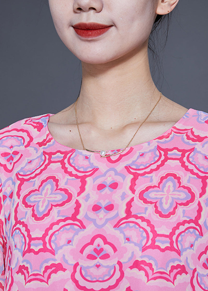Pink Print Patchwork Wrinkled Silk a Line Dress Lantern Sleeve