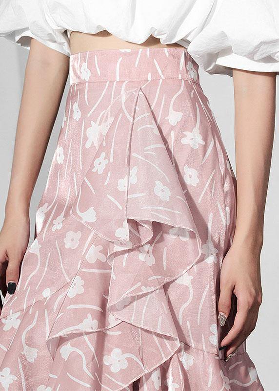 Pink Print Ruffles Asymmetrical Design Mermaid Skirt