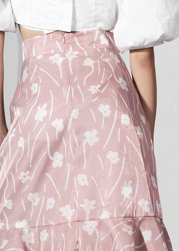 Pink Print Ruffles Asymmetrical Design Mermaid Skirt
