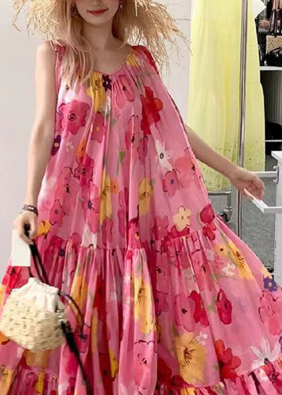 Pink Print Wrinkled Patchwork Strap Dress Summer
