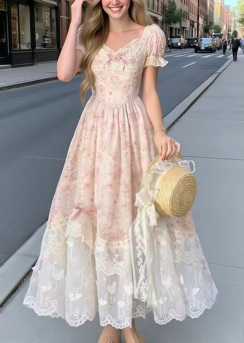 Pink Puff Sleeve Patchwork Bow Party Dress Summer