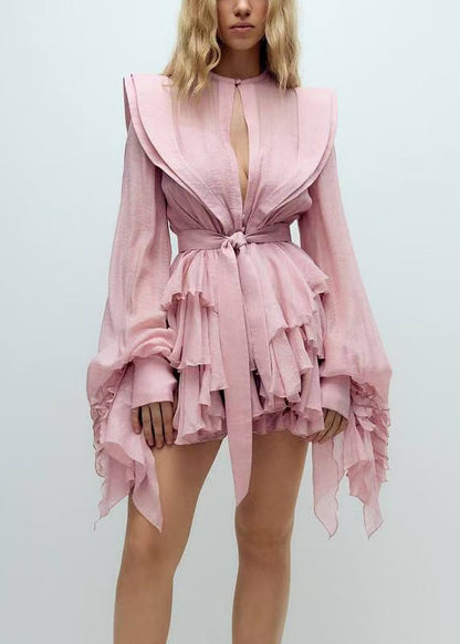 Pink Ruffled Cotton Mini Dress Lantern Sleeve